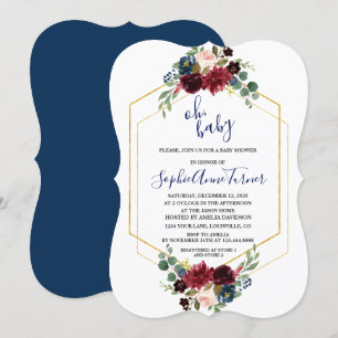 Invitation Oh BABY Bourgogne Floral Baby shower Hexagon or
