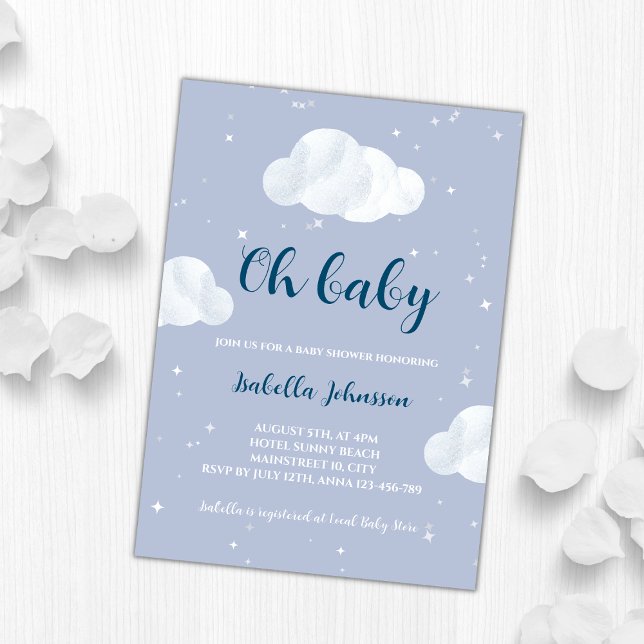 Invitation Oh Baby Boy Blue Clouds Sky Stars Baby shower (oh baby boy blue clouds baby shower invitation)