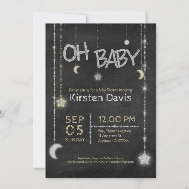 Invitation Oh Baby Boy Girl Chalkboard Moon Stars Baby shower (Devant)