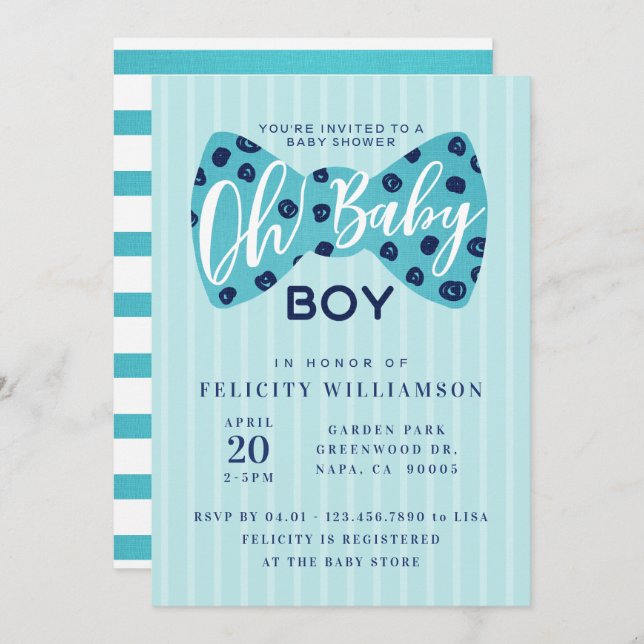 Invitation Oh Baby Boy Navy & Turquoise Bow Cravate douche In (Devant / Derrière)