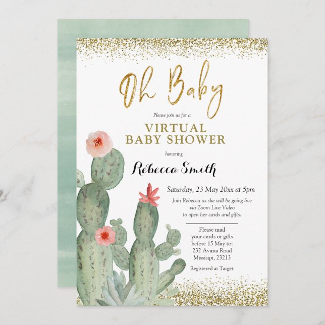Invitation Oh Baby Cactus Baby shower virtuel (Devant / Derrière)