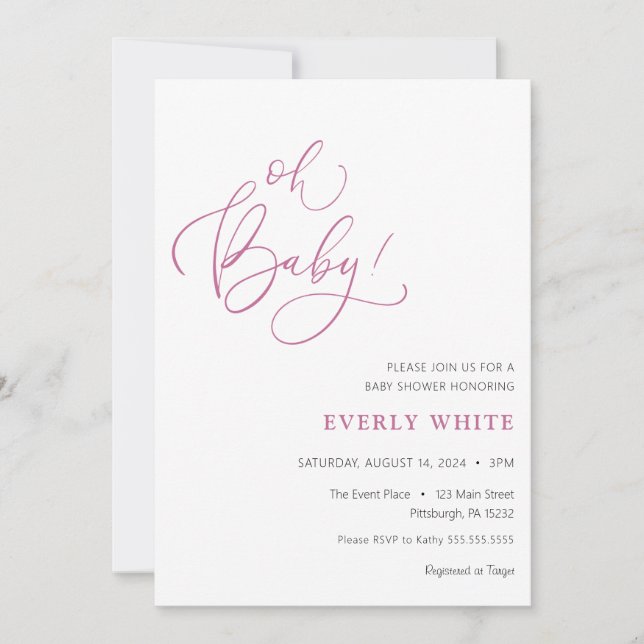 Invitation "Oh Baby" Calligraphie Baby shower rose (Devant)