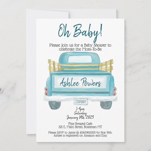 Invitation Oh Baby C'est un garçon baby shower camion d'invit (Devant)