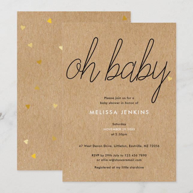 Invitation Oh Baby Chic Script Fête de Naissance / Baptême Ru (Devant / Derrière)