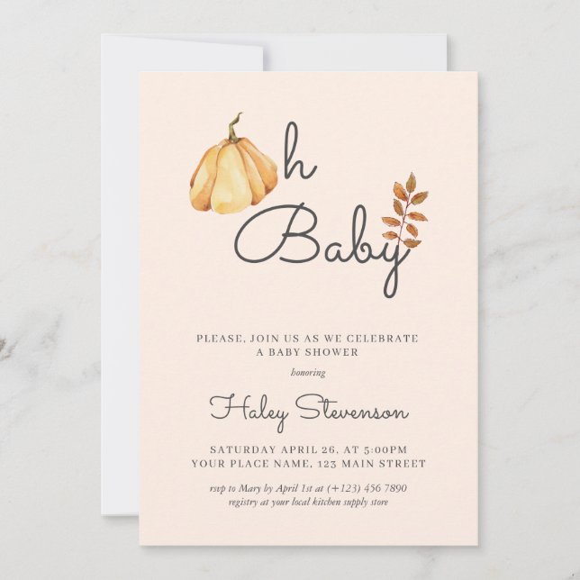 Invitation Oh Baby Citrouille d'aquarelle Automne Baby shower (Devant)
