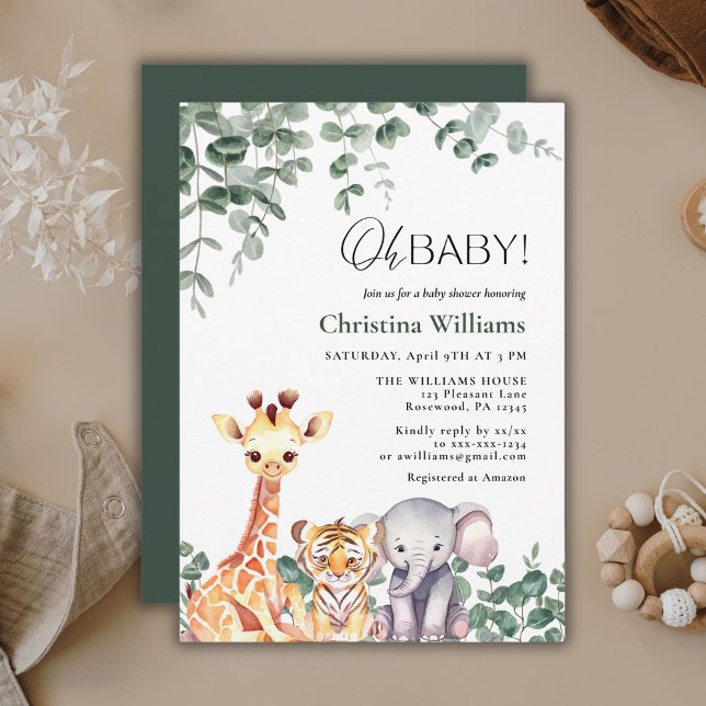Invitation Oh Baby Cute Aquarelle Safari Animaux Baby shower (Créateur téléchargé)