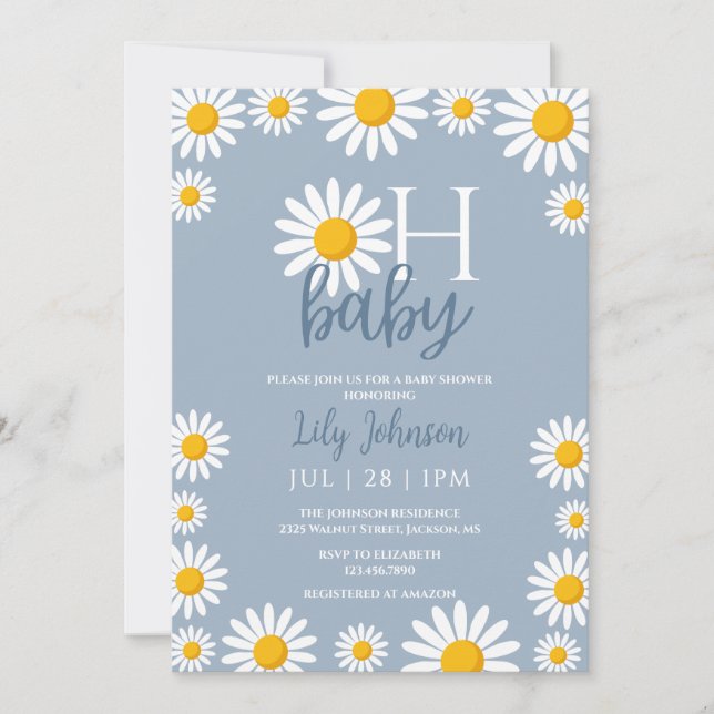 Invitation Oh Baby Daisy Baby shower bleu Photo QR Code (Devant)