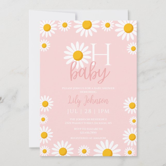 Invitation Oh Baby Daisy Baby shower rose tout en un (Devant)