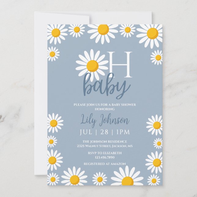 Invitation Oh Baby Daisy Dusty Baby shower bleu (Devant)