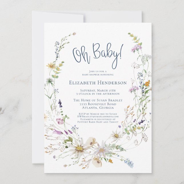 Invitation Oh Baby Delicate Aquarelle Fleur sauvage Baby show (Devant)