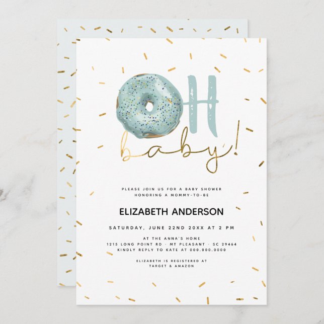 Invitation Oh Baby Donut & Sprinkings Gold Boy Baby shower (Devant / Derrière)