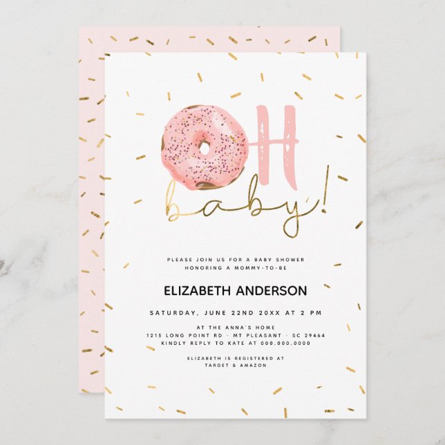 Invitation Oh Baby Donut & Sprinkles Gold Girl Baby shower (Devant / Derrière)