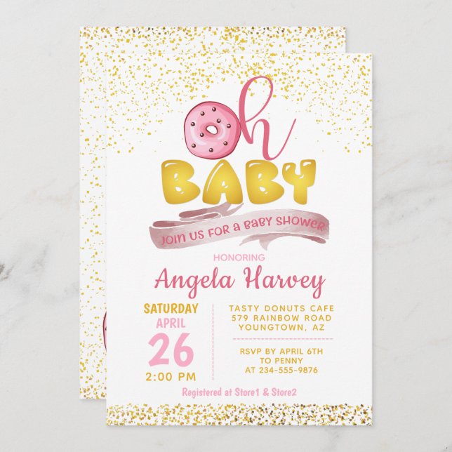 Invitation Oh Baby Donuts Gold Parties scintillant Baby showe (Devant / Derrière)
