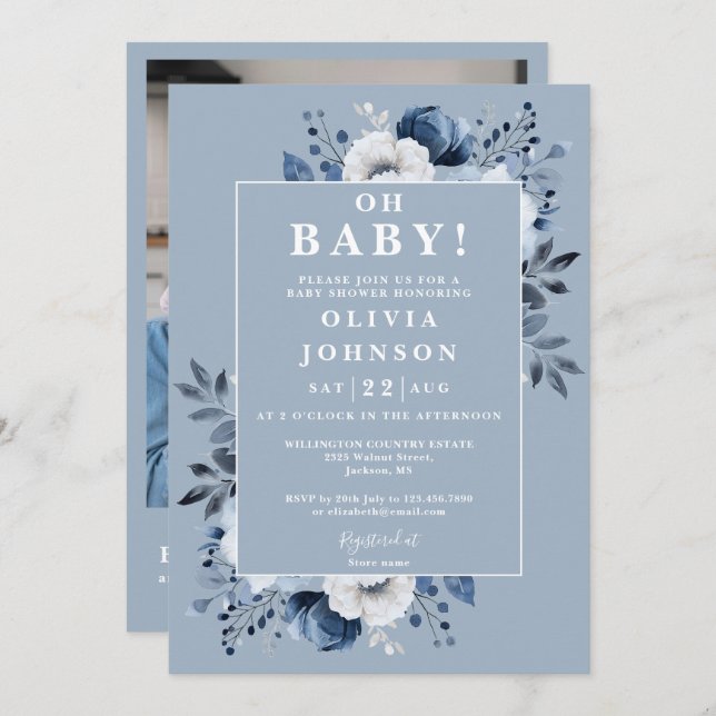 Invitation Oh Baby Dusty Blue Floral Photo QR Baby shower (Devant / Derrière)
