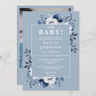 Invitation Oh Baby Dusty Blue Floral Photo QR Baby shower
