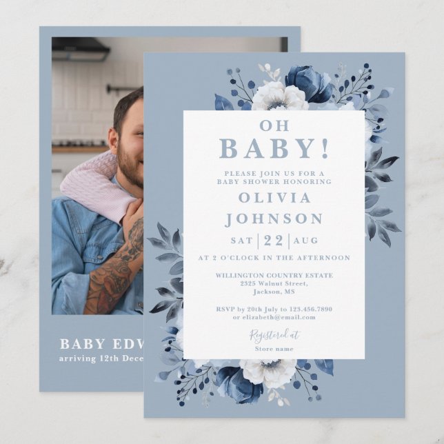 Invitation Oh Baby Dusty Blue Floral Photo QR Baby shower (Devant / Derrière)