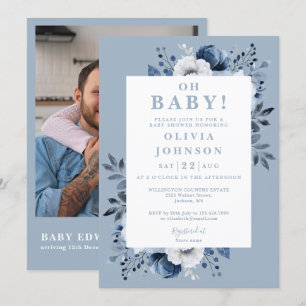 Invitation Oh Baby Dusty Blue Floral Photo QR Baby shower