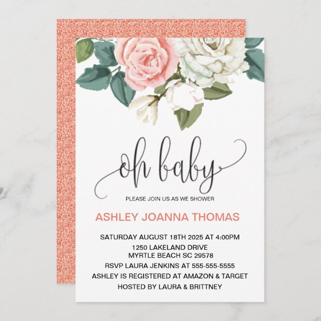 Invitation Oh Baby Elegant Coral Flowers Baby shower (Devant / Derrière)