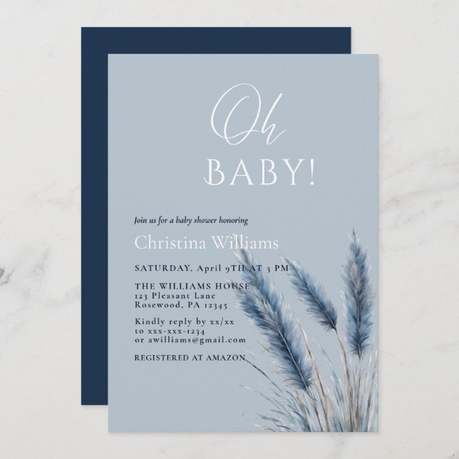 Invitation Oh Baby Elegant Script Baby shower de Pampas Bleu (Devant / Derrière)