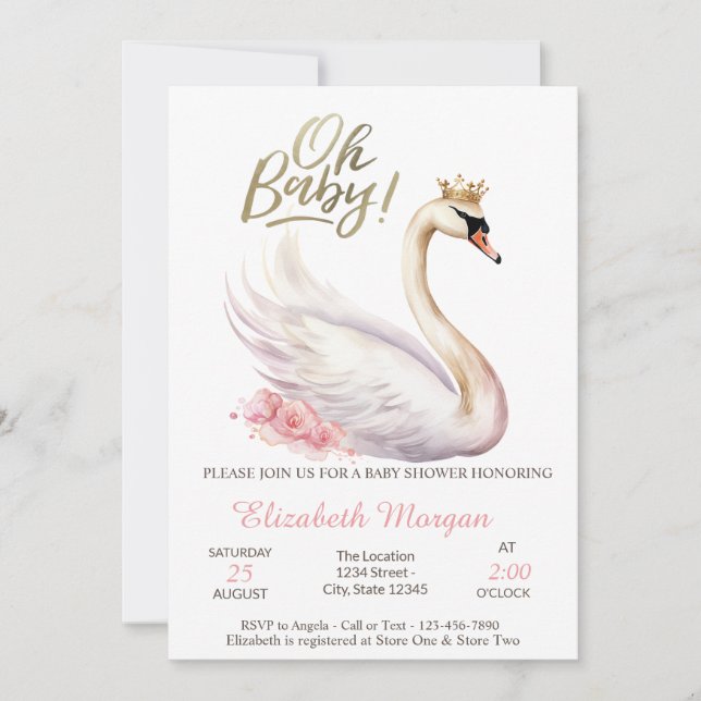 Invitation Oh Baby Elegant Swan Baby shower de fleurs de cour (Devant)