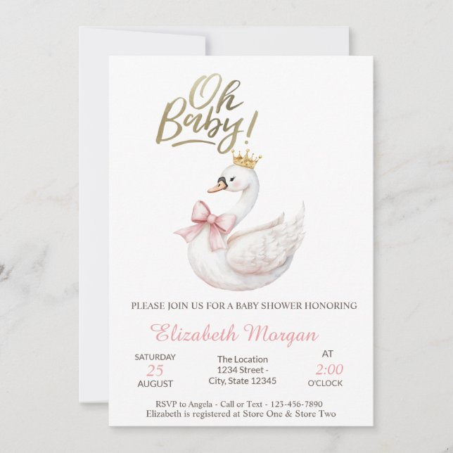 Invitation Oh Baby Elegant Swan Bow Crown Flowers  (Devant)
