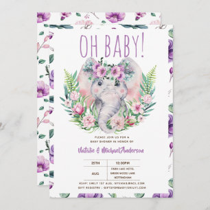 Invitation Oh Baby Elephant avec Fleurs violettes Douche mode