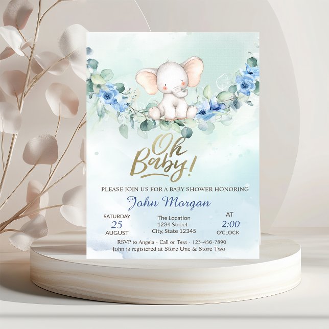 Invitation Oh Baby Elephant Baby shower bleu (Créateur téléchargé)