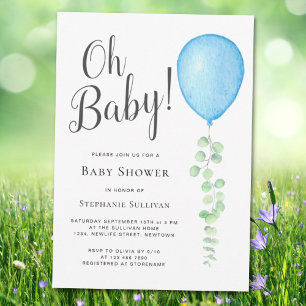 Invitation Oh Baby Eucalyptus Baby shower bleu ballon