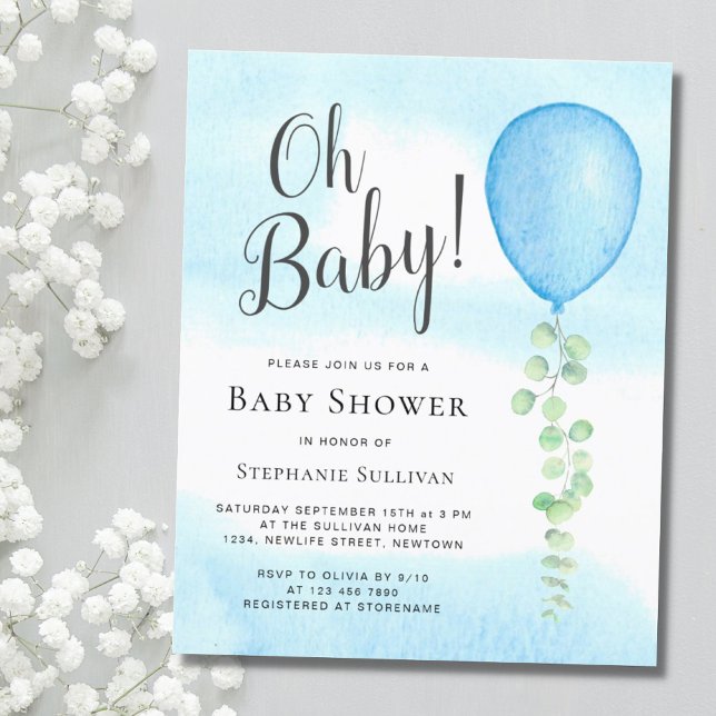 Invitation Oh Baby Eucalyptus Baby shower bleu ballon (Créateur téléchargé)