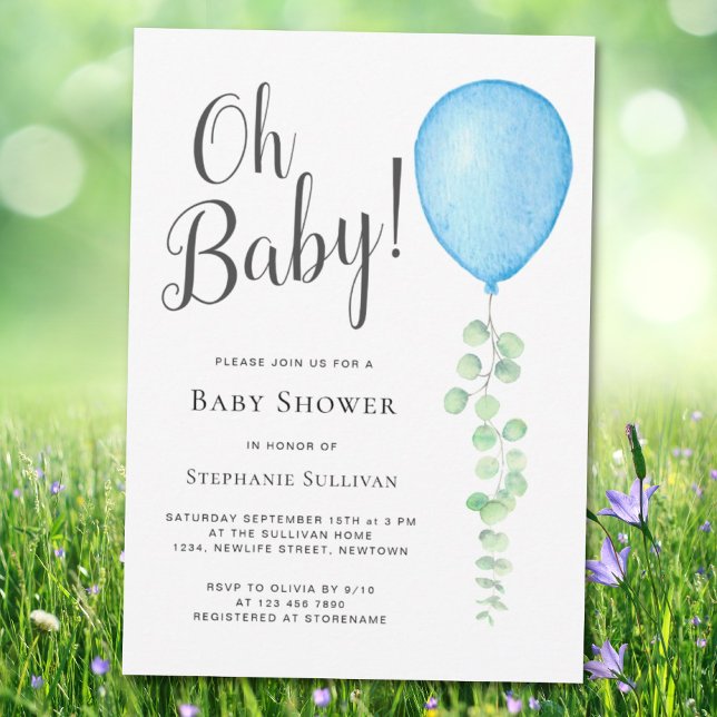 Invitation Oh Baby Eucalyptus Baby shower bleu ballon (Créateur téléchargé)