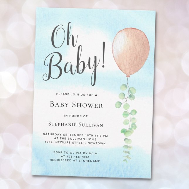 Invitation Oh Baby Eucalyptus Balloon Baby shower neutre (Créateur téléchargé)