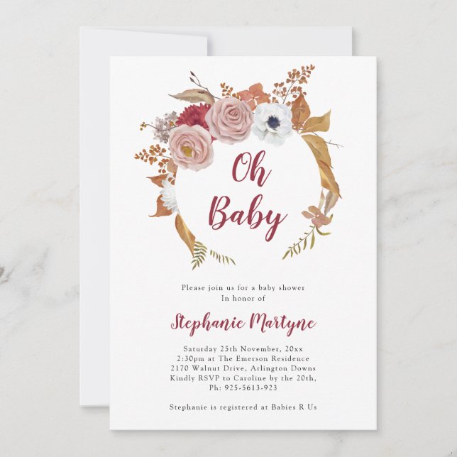 Invitation Oh Baby Fall Floral Wreath Baby shower (Devant)