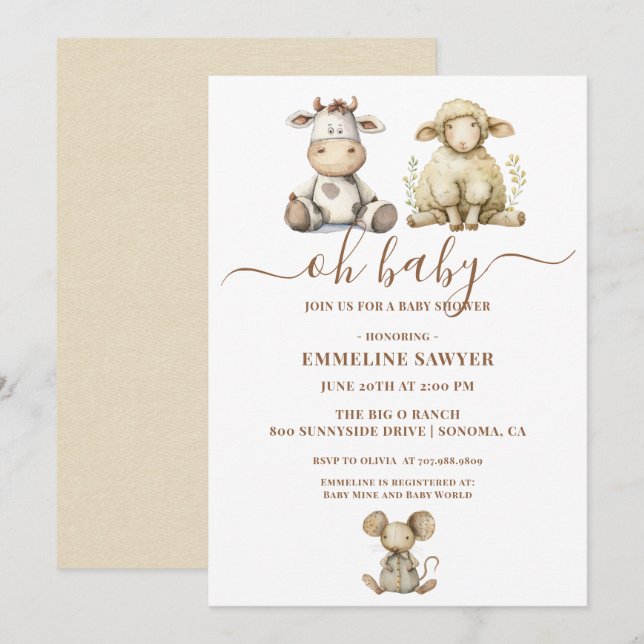 Invitation Oh Baby Farm Animals Baby shower (Devant / Derrière)