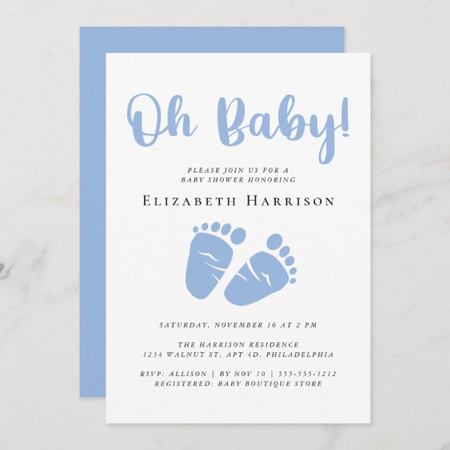 Invitation Oh Baby Feet Blue Baby Boy Douche (Devant / Derrière)