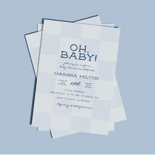 Invitation Oh Baby Fête Moderne Bleue à Carreaux pour Bébé