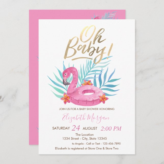 Invitation Oh Baby Flamant rose rose Palm Baby shower Feuille (Devant / Derrière)