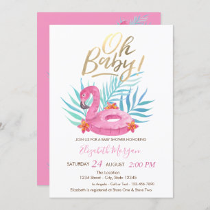 Invitation Oh Baby Flamant rose rose Palm Baby shower Feuille