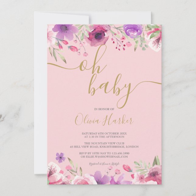 Invitation Oh Baby Fleurs de Prairie Rose Bébé / Sprinkle (Devant)