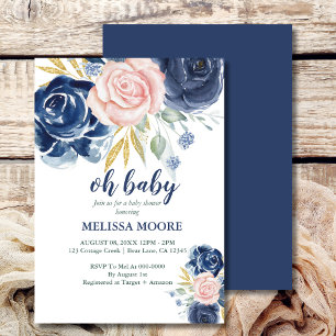 Invitation Oh Baby floral marine bleu et rose baby shower fil
