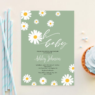 Invitation Oh Baby Floral Retro Sage Green Daisy Baby shower