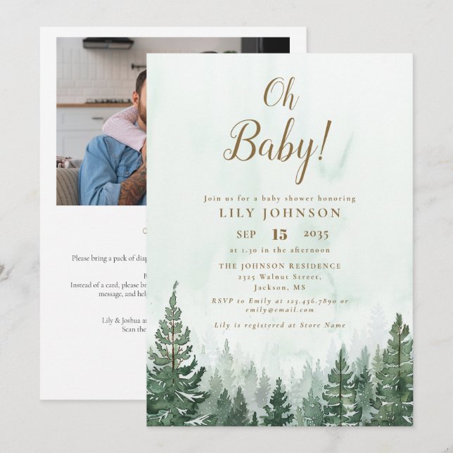 Invitation Oh Baby Forest Baby shower Tout en un Photo QR (Devant / Derrière)