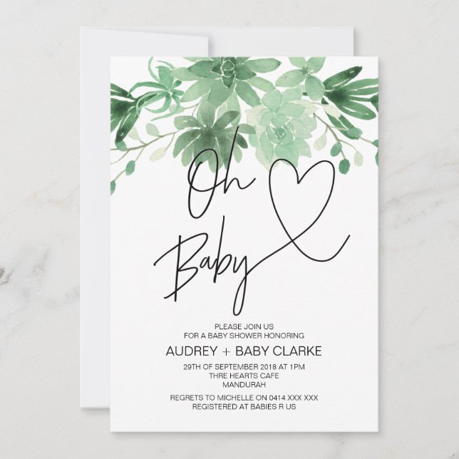 Invitation Oh Baby Genre Neutre Baby shower Succulent (Devant)