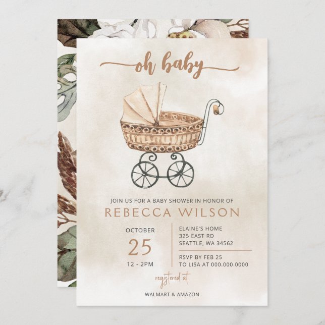 Invitation Oh Baby Genre Neutre Pram Baby shower Boho (Devant / Derrière)