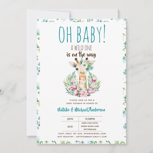 Invitation Oh Baby Giraffe A Wild One Safari Animal Floral (Devant)