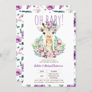 Invitation Oh Baby GIRAFFE avec Fleurs violettes Douche moder
