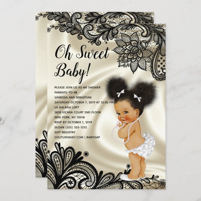 Invitation Oh Baby Girl Black Lace & Ivory (Devant / Derrière)