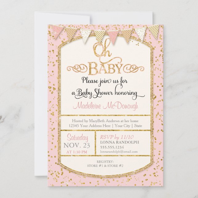 Invitation OH Baby Girl Douche Typographie Parties scintillan (Devant)