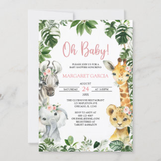 Invitation Oh Baby Girl Jungle Safari Animaux Baby shower