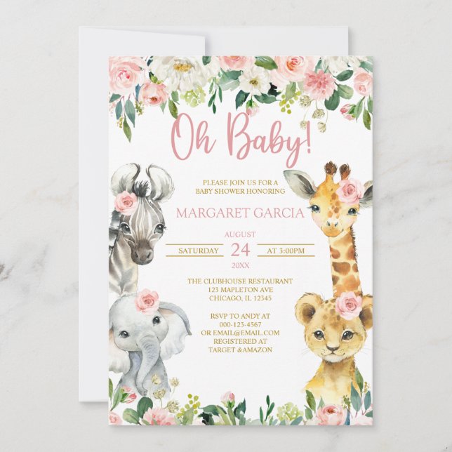 Invitation Oh Baby Girl Jungle Safari Animaux Baby shower (Devant)