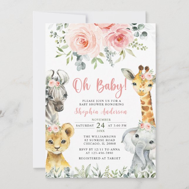 Invitation Oh Baby Girl Safari Animaux Baby shower (Devant)